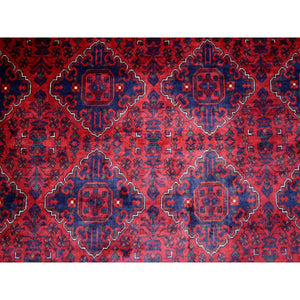 8'2"x11'5" Deep and Saturated Red with Touches of Blue, Afghan Khamyab with Tribal Medallions Design, Velvety Wool, Hand Knotted, Oriental Rug FWR430698