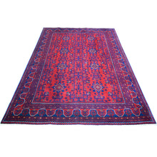 Load image into Gallery viewer, 5&#39;7&quot;x7&#39;6&quot; Deep and Saturated Red with Touches of Blue, Afghan Khamyab with Geometric Design, Shiny Wool Hand Knotted, Oriental Rug FWR430716
