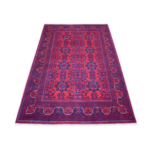 4'2"x6'2" Deep and Saturated Red, Hand Knotted Afghan Khamyab with Geometric Design, Soft Wool, Oriental Rug FWR430782