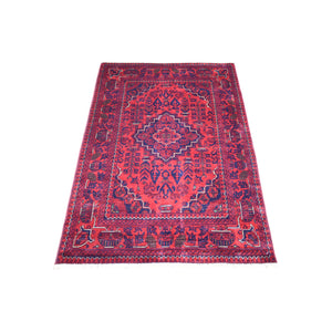 3'5"x5' Deep and Saturated Red, Afghan Khamyab with Large Medallion Design, Soft and Shiny Wool Hand Knotted, Oriental Rug FWR430800
