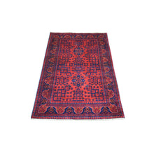 Load image into Gallery viewer, 3&#39;4&quot;x4&#39;8&quot; Deep and Saturated Red with Touches of Blue, Pure Wool Hand Knotted, Afghan Khamyab with Geometric Design, Oriental Rug FWR430812