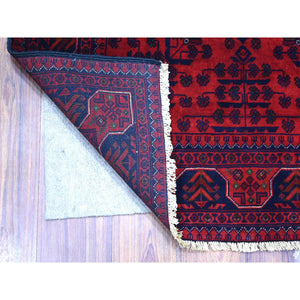 3'4"x4'8" Deep and Saturated Red with Touches of Blue, Pure Wool Hand Knotted, Afghan Khamyab with Geometric Design, Oriental Rug FWR430812