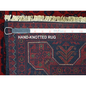 3'4"x4'8" Deep and Saturated Red with Touches of Blue, Pure Wool Hand Knotted, Afghan Khamyab with Geometric Design, Oriental Rug FWR430812