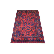 Load image into Gallery viewer, 3&#39;4&quot;x4&#39;10&quot; Deep and Saturated Red with Mix of Blue, Afghan Khamyab with Geometric Design, Soft Wool Hand Knotted, Oriental Rug FWR430818