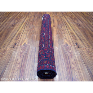 3'3"x4'9" Deep and Saturated Red with Mix of Blue, Afghan Khamyab with Geometric Design, Soft and Velvety Wool Hand Knotted, Oriental Rug FWR430830