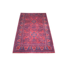 Load image into Gallery viewer, 3&#39;5&quot;x4&#39;10&quot; Deep and Saturated Red with Touches of Blue, Afghan Khamyab with Geometric Design, Shiny Wool Hand Knotted, Oriental Rug FWR430860