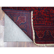 Load image into Gallery viewer, 3&#39;5&quot;x4&#39;10&quot; Deep and Saturated Red with Touches of Blue, Afghan Khamyab with Geometric Design, Shiny Wool Hand Knotted, Oriental Rug FWR430860