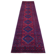 Load image into Gallery viewer, 2&#39;8&quot;x12&#39;6&quot; Deep and Saturated Red with Mix of Navy Blue, Hand Knotted Afghan Khamyab with Geometric Medallions Design, Pure Wool, Runner Oriental Rug FWR430884