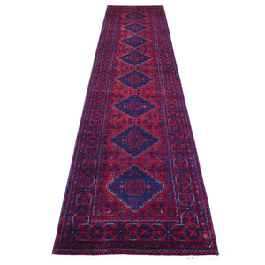 2'8"x12'6" Deep and Saturated Red with Mix of Navy Blue, Hand Knotted Afghan Khamyab with Geometric Medallions Design, Pure Wool, Runner Oriental Rug FWR430884