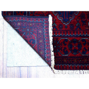 2'8"x12'6" Deep and Saturated Red with Mix of Navy Blue, Hand Knotted Afghan Khamyab with Geometric Medallions Design, Pure Wool, Runner Oriental Rug FWR430884