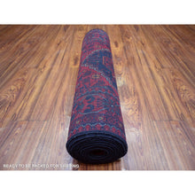 Load image into Gallery viewer, 2&#39;8&quot;x12&#39;6&quot; Deep and Saturated Red with Mix of Navy Blue, Hand Knotted Afghan Khamyab with Geometric Medallions Design, Pure Wool, Runner Oriental Rug FWR430884