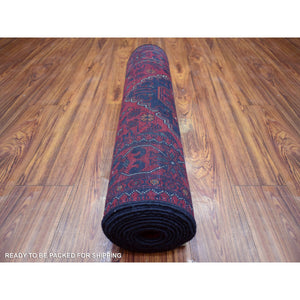 2'8"x12'6" Deep and Saturated Red with Mix of Navy Blue, Hand Knotted Afghan Khamyab with Geometric Medallions Design, Pure Wool, Runner Oriental Rug FWR430884