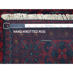 2'8"x12'6" Deep and Saturated Red with Mix of Navy Blue, Hand Knotted Afghan Khamyab with Geometric Medallions Design, Pure Wool, Runner Oriental Rug FWR430884