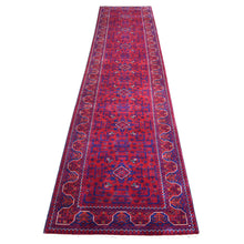 Load image into Gallery viewer, 2&#39;8&quot;x12&#39;9&quot; Deep and Saturated Red with Touches of Navy Blue, Afghan Khamyab with Geometric Medallion, Soft Wool Hand Knotted, Runner Oriental Rug FWR430890