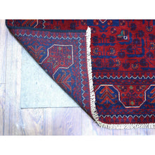 Load image into Gallery viewer, 2&#39;8&quot;x12&#39;9&quot; Deep and Saturated Red with Touches of Navy Blue, Afghan Khamyab with Geometric Medallion, Soft Wool Hand Knotted, Runner Oriental Rug FWR430890