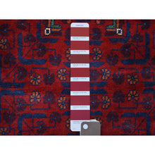 Load image into Gallery viewer, 2&#39;8&quot;x12&#39;9&quot; Deep and Saturated Red with Touches of Navy Blue, Afghan Khamyab with Geometric Medallion, Soft Wool Hand Knotted, Runner Oriental Rug FWR430890