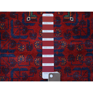 2'8"x12'9" Deep and Saturated Red with Touches of Navy Blue, Afghan Khamyab with Geometric Medallion, Soft Wool Hand Knotted, Runner Oriental Rug FWR430890