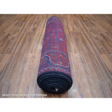 Load image into Gallery viewer, 2&#39;8&quot;x12&#39;9&quot; Deep and Saturated Red with Touches of Navy Blue, Afghan Khamyab with Geometric Medallion, Soft Wool Hand Knotted, Runner Oriental Rug FWR430890