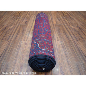 2'8"x12'9" Deep and Saturated Red with Touches of Navy Blue, Afghan Khamyab with Geometric Medallion, Soft Wool Hand Knotted, Runner Oriental Rug FWR430890