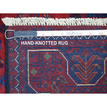 Load image into Gallery viewer, 2&#39;8&quot;x12&#39;9&quot; Deep and Saturated Red with Touches of Navy Blue, Afghan Khamyab with Geometric Medallion, Soft Wool Hand Knotted, Runner Oriental Rug FWR430890