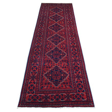 Load image into Gallery viewer, 2&#39;8&quot;x9&#39;4&quot; Deep and Saturated Red with Mix of Navy Blue, Afghan Khamyab with Geometric Medallion Design, Soft and Shiny Wool Hand Knotted, Runner Oriental Rug FWR430908
