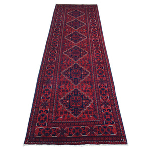 2'8"x9'4" Deep and Saturated Red with Mix of Navy Blue, Afghan Khamyab with Geometric Medallion Design, Soft and Shiny Wool Hand Knotted, Runner Oriental Rug FWR430908