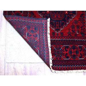 3'x12'9" Deep and Saturated Red with Mix of Navy Blue, Pure Wool Hand Knotted, Afghan Khamyab with Large Tribal Medallions Design, Runner Oriental Rug FWR430920