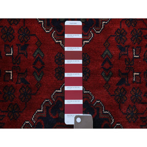 3'x12'9" Deep and Saturated Red with Mix of Navy Blue, Pure Wool Hand Knotted, Afghan Khamyab with Large Tribal Medallions Design, Runner Oriental Rug FWR430920