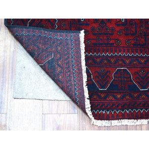 3'x9'3" Deep and Saturated Red with Touches of Navy Blue, Afghan Khamyab with Geometric Design, Soft Wool Hand Knotted, Runner Oriental Rug FWR430926