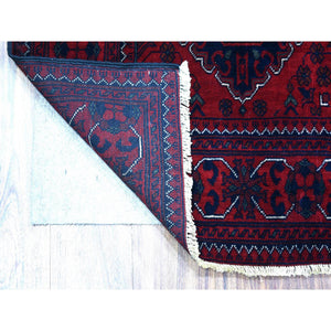 3'x9'6" Deep and Saturated Red with Mix of Navy Blue, Shiny Wool Hand Knotted, Afghan Khamyab with Large Geometric Medallions Design, Runner Oriental Rug FWR430932