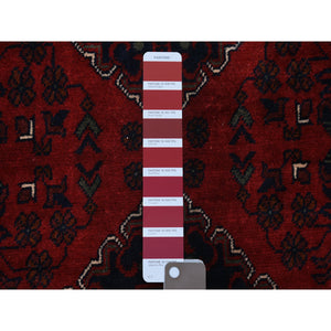 3'x9'6" Deep and Saturated Red with Mix of Navy Blue, Shiny Wool Hand Knotted, Afghan Khamyab with Large Geometric Medallions Design, Runner Oriental Rug FWR430932