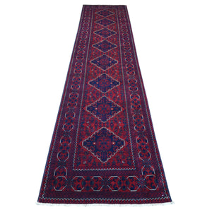 2'7"x13' Deep and Saturated Red with Touches of Navy Blue, Afghan Khamyab with Geometric Medallions Design, Soft and Velvety Wool Hand Knotted, Runner Oriental Rug FWR430938
