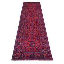 Load image into Gallery viewer, 2&#39;7&quot;x9&#39;5&quot; Deep and Saturated Red with Mix of Navy Blue, Soft and Shiny Wool Hand Knotted, Afghan Khamyab with Geometric Design, Runner Oriental Rug FWR430944