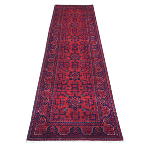 2'7"x9'5" Deep and Saturated Red with Mix of Navy Blue, Soft and Shiny Wool Hand Knotted, Afghan Khamyab with Geometric Design, Runner Oriental Rug FWR430944