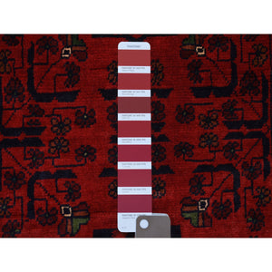 2'7"x9'5" Deep and Saturated Red with Mix of Navy Blue, Soft and Shiny Wool Hand Knotted, Afghan Khamyab with Geometric Design, Runner Oriental Rug FWR430944