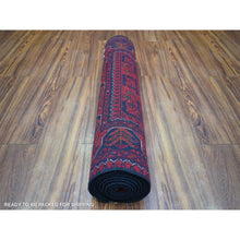 Load image into Gallery viewer, 2&#39;7&quot;x9&#39;5&quot; Deep and Saturated Red with Mix of Navy Blue, Soft and Shiny Wool Hand Knotted, Afghan Khamyab with Geometric Design, Runner Oriental Rug FWR430944