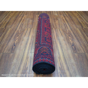 2'7"x9'5" Deep and Saturated Red with Mix of Navy Blue, Soft and Shiny Wool Hand Knotted, Afghan Khamyab with Geometric Design, Runner Oriental Rug FWR430944