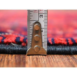 2'7"x9'5" Deep and Saturated Red with Mix of Navy Blue, Soft and Shiny Wool Hand Knotted, Afghan Khamyab with Geometric Design, Runner Oriental Rug FWR430944