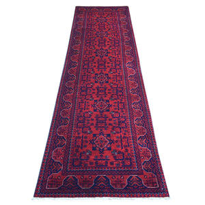 2'6"x9'5" Deep and Saturated Red with Mix of Navy Blue, Afghan Khamyab with Geometric Design, Pure Wool Hand Knotted, Runner Oriental Rug FWR430956