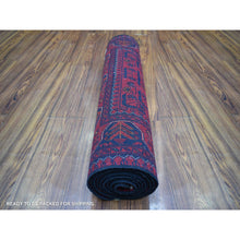 Load image into Gallery viewer, 2&#39;6&quot;x9&#39;5&quot; Deep and Saturated Red with Mix of Navy Blue, Afghan Khamyab with Geometric Design, Pure Wool Hand Knotted, Runner Oriental Rug FWR430956