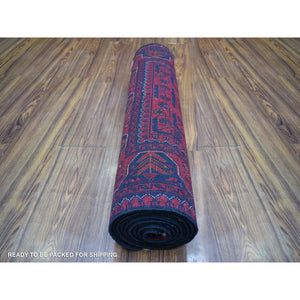 2'6"x9'5" Deep and Saturated Red with Mix of Navy Blue, Afghan Khamyab with Geometric Design, Pure Wool Hand Knotted, Runner Oriental Rug FWR430956