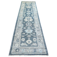 Load image into Gallery viewer, 3&#39;x11&#39;7&quot; Charcoal Gray Angora Oushak With Colorful Leaf Design Natural Dyes, Afghan Wool Hand Knotted Runner Oriental Rug FWR431298