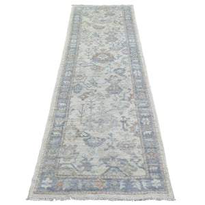 2'10"x9'5" Ivory Natural Dyes Angora Oushak With Colorful Leaf Design, Afghan Wool Hand Knotted Runner Oriental Rug FWR431346