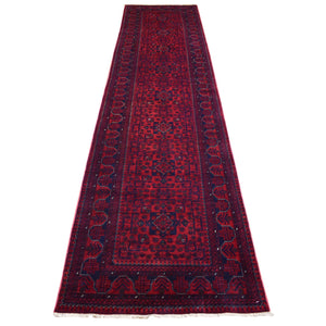 2'10"x13' Deep and Saturated Red with Touches of Navy Blue, Hand Knotted Afghan Khamyab with Geometric Design, Soft Wool, Runner Oriental Rug FWR431364