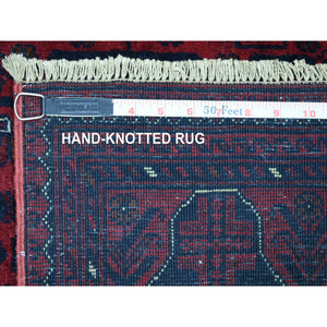 2'10"x13' Deep and Saturated Red with Touches of Navy Blue, Hand Knotted Afghan Khamyab with Geometric Design, Soft Wool, Runner Oriental Rug FWR431364