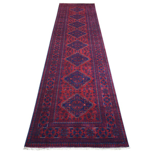 2'10"x12'6" Deep and Saturated Red with Touches of Navy Blue, Soft and Shiny Wool Hand Knotted, Afghan Khamyab with Large Tribal Medallions Design, Runner Oriental Rug FWR431382