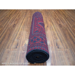 2'10"x12'6" Deep and Saturated Red with Touches of Navy Blue, Soft and Shiny Wool Hand Knotted, Afghan Khamyab with Large Tribal Medallions Design, Runner Oriental Rug FWR431382