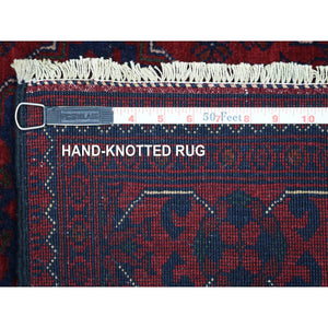 2'10"x12'6" Deep and Saturated Red with Touches of Navy Blue, Soft and Shiny Wool Hand Knotted, Afghan Khamyab with Large Tribal Medallions Design, Runner Oriental Rug FWR431382