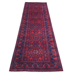 2'10"x9'4" Deep and Saturated Red With Geometric Design Hand Knotted Afghan Khamyab, Velvety Wool Runner Oriental Rug FWR431418