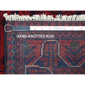 2'10"x9'4" Deep and Saturated Red With Geometric Design Hand Knotted Afghan Khamyab, Velvety Wool Runner Oriental Rug FWR431418